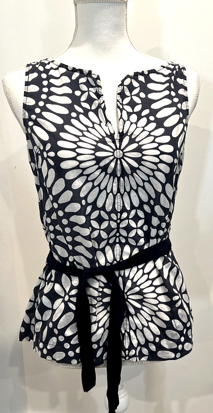 Tory Burch Top Size 6 Blue White Geometric Sleeveless Tie Mod Resort Blouse